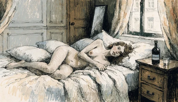 Bouteille de médicaments antidépresseurs sur une table de nuit à côté d'un lit défait, lumière tamisée du soir, ambiance intime et mélancolique
