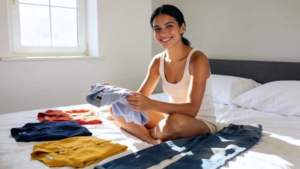 Jeune femme souriante triant des vêtements sur son lit, chemises et jeans étalés autour d'elle, lumière naturelle venant d'une fenêtre