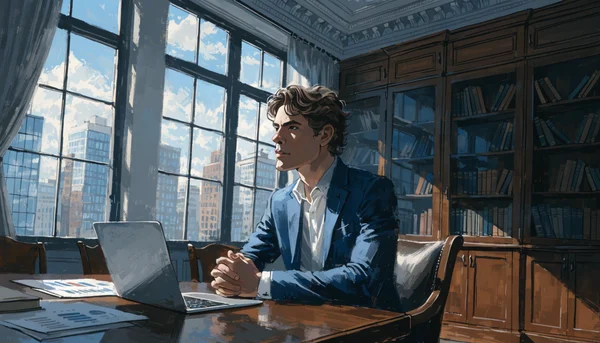 Homme en costume assis à une table de réunion, mains croisées, entouré de documents et d'un ordinateur portable, dans une salle de conseil d'administration lumineuse, plan moyen, ambiance sérieuse et professionnelle