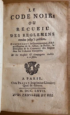 Page de titre du Code noir, édition parisienne de 1767, avec armoiries royales.