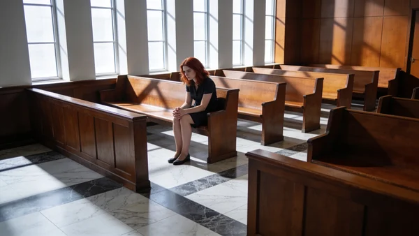 Femme assise seule dans une salle d'audience vide, mains serrées sur ses genoux, lumière froide tombant des fenêtres hautes, atmosphère oppressante et silencieuse