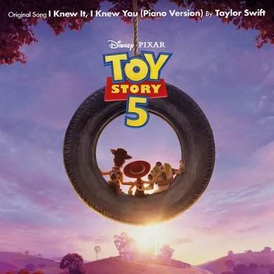 Affiche promotionnelle de Toy Story 5 avec Woody, Jessie et Buzz, annonçant une chanson de Taylor Swift.