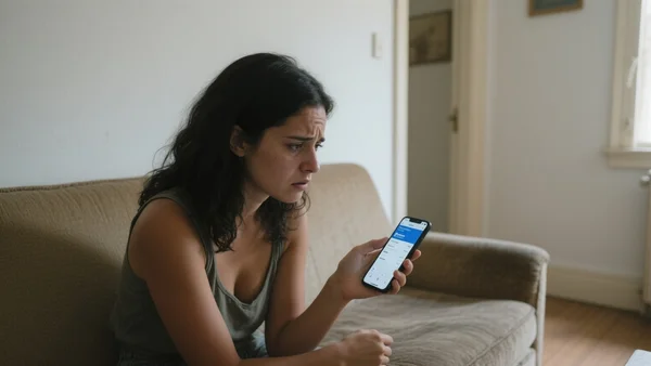 Jeune femme dans un petit appartement, assise sur un canapé, téléphone à la main, consultançant son application bancaire, expression préoccupée, vue de trois-quarts, ambiance de vie quotidienne modeste