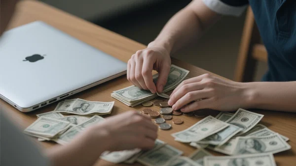 Gros plan sur des mains d'étudiant comptant des billets de banque et des pièces sur une table, à côté d'un MacBook Air fermé. L'image illustre le dilemme budgétaire des jeunes face à la flambée des prix Apple, avec un ton tendu et réaliste.