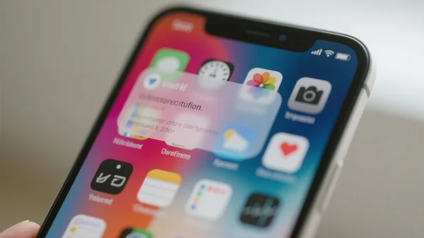 Gros plan sur l'écran d'un iPhone affichant des icônes d'applications translucides et floues, superposées sur un fond d'écran coloré, rendant le texte des notifications illisible, lumière ambiante de pièce