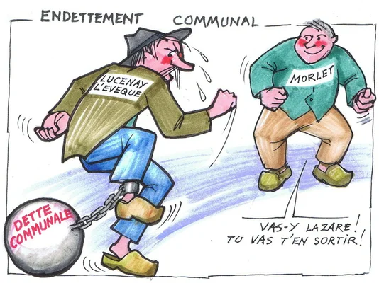 Caricature illustrant la dette communale : Lucenay-l'Évêque enchaîné, Morlet encourageant.
