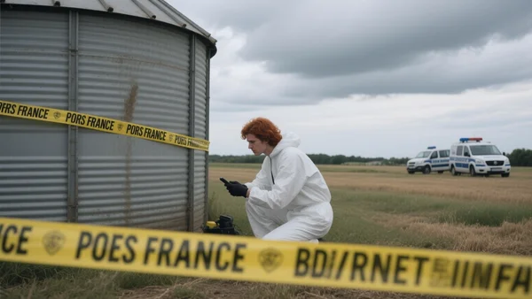 Scène de crime en zone rurale : ruban de signalisation jaune tendu autour d'un silo à grain dans un champ du Gers, ciel gris, véhicules de gendarmerie garés à distance, enquêteurs en combinaison blanche