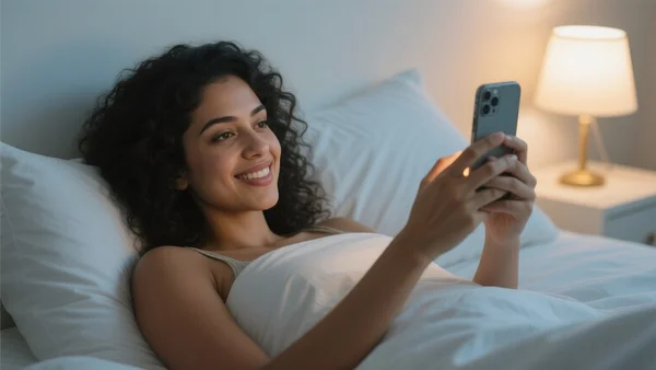 Femme souriant à l'écran de son smartphone, visage parfait et peau lisse, lumière artificielle d'une chambre, ambiance de réseau social