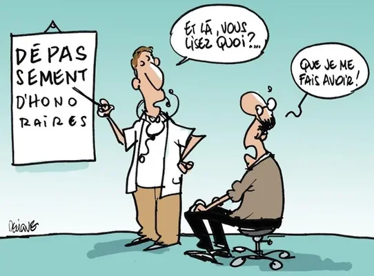 Dessin satirique sur les dépassements d'honoraires : le patient se sent floué.