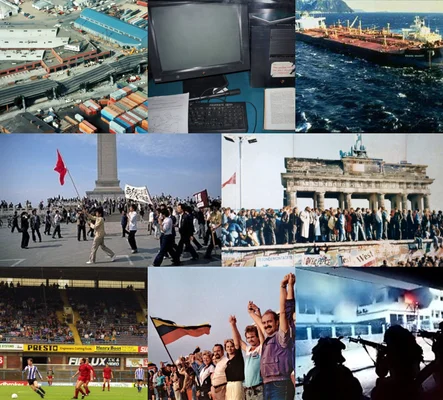 1989 Events Collage Clockwise: 1989 Loma Pietra earthquake World Wide Web Exxon Valdez oil spill Fall of the Berlin Wall United States invasion of Panama Baltic Way Hillsborough disaster 1989 Tiananmen Square protets and massacre