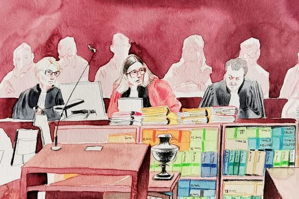Dessin d'audience représentant les avocats lors du procès de Martin Ney pour le meurtre de Jonathan Coulom.