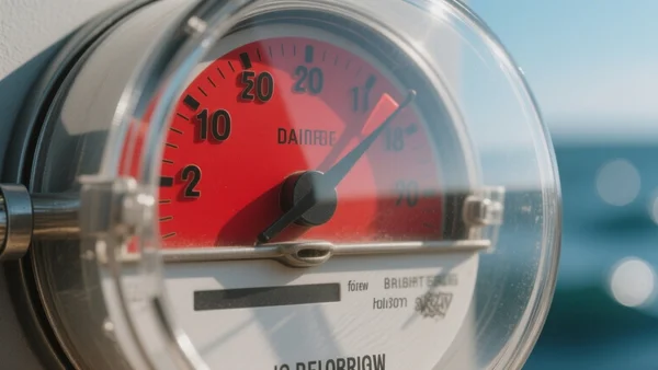 Compteur électrique avec aiguille dans la zone rouge, sur fond de vague de chaleur, vue rapprochée, ton alarmant