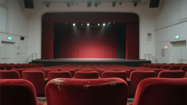 Scène de théâtre vide, vue depuis la salle : fauteuils rouges inoccupés, rideau de scène baissé, projecteurs éteints. Ambiance silencieuse et abandonnée. L'image doit évoquer la censure et l'annulation de spectacles, avec une tonalité mélancolique et préoccupante.