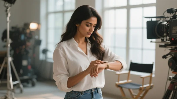 Deepika Padukone en tenue décontractée, debout sur un plateau de tournage, regardant sa montre, lumière naturelle, ambiance de travail