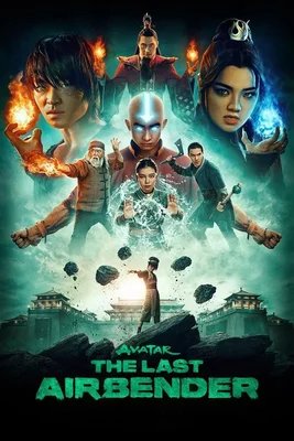 Affiche promotionnelle de la série Netflix 'Avatar : Le Dernier Maître de l'Air' avec des personnages maîtrisant les éléments.