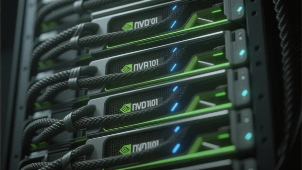 Gros plan sur une rangée de GPU NVIDIA H100 empilés dans un rack de serveur, lumières LED vertes et bleues, câbles tressés, ambiance technique sombre