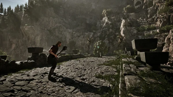 Combat rapproché dans le remake de Gothic : un héros à la masse contre un ennemi blindé.