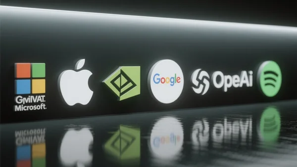 Six logos d'entreprises tech (Microsoft, Apple, Nvidia, Google, OpenAI, Spotify) alignés sur un fond sombre, reflets lumineux
