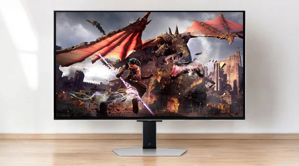 Le Samsung Odyssey G8 en situation, affichant un jeu fantastique avec un dragon.