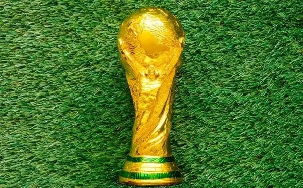 Le trophée de la Coupe du Monde sur un fond de gazon artificiel.