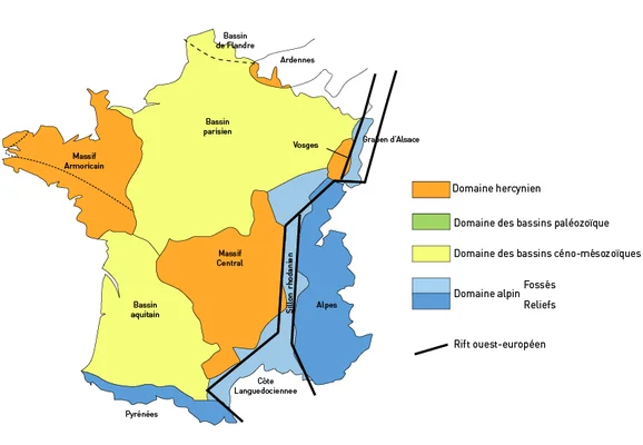 Carte géologique de la France illustrant les grands domaines structuraux et le Bassin parisien.