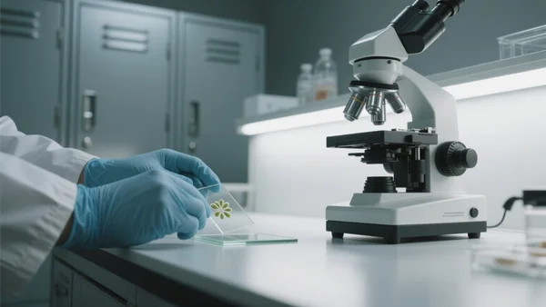 Mains gantées d'un technicien de laboratoire déposant un prélèvement biologique sur une lame de verre, paillasse éclairée par une lumière blanche, microscope à proximité, fond flou d'armoires de rangement métalliques