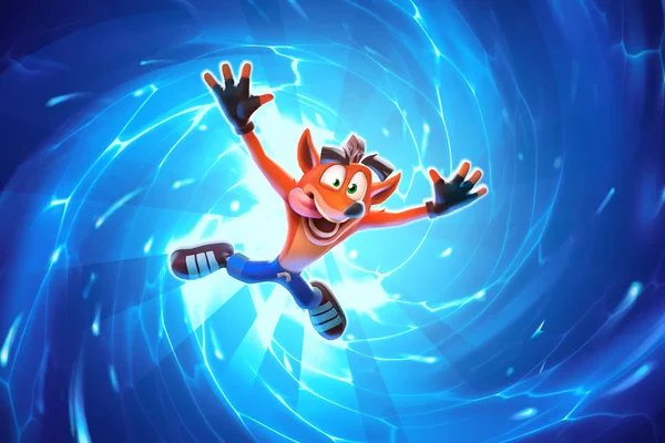 Crash Bandicoot tombant dans un vortex d'énergie bleu.