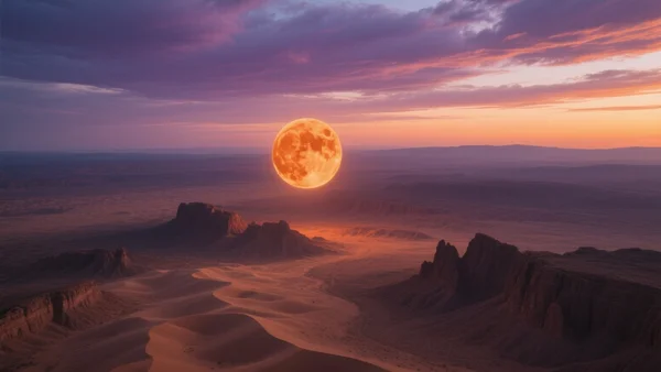 Vue aérienne d'un orbe orange lumineux flottant au-dessus d'un paysage désertique de l'ouest américain au crépuscule, ciel strié de nuages