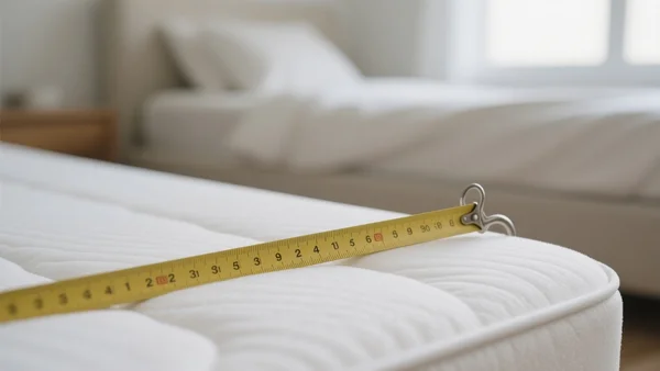 Mètre ruban posé en travers d'un matelas simple en mousse blanche, mesurant la largeur, fond flou de chambre à coucher