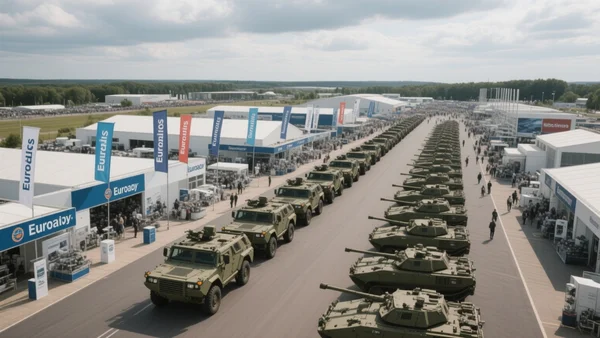 Vue aérienne du salon Eurosatory avec des stands d'exposition militaire et des véhicules blindés alignés sous un ciel nuageux