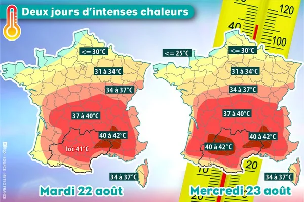 Prévisions des températures pour le mardi 22 et mercredi 23 août, indiquant une chaleur intense sur une large partie du pays.