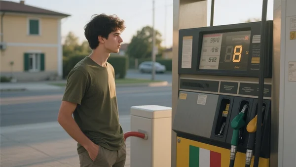 Jeune homme italien regardant une pompe à essence affichant un prix élevé, main dans la poche, station-service en banlieue, lumière naturelle de fin d'après-midi