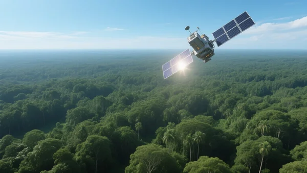 Vue aérienne de la canopée amazonienne dense et verte, avec un satellite artificiel en orbite basse dans le ciel au-dessus. L'image doit communiquer l'idée de technologie spatiale au service de la surveillance forestière, avec un ton à la fois technologique et naturel.