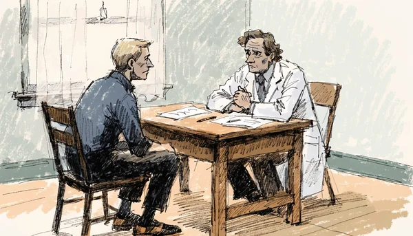 Un homme assis de profil dans un bureau de consultation médicale, un médecin en blouse blanche face à lui, tous deux autour d'un bureau. La composition montre un échange sérieux et tendu. L'intention est de représenter la relation complexe entre le juge, le médecin et le condamné dans le cadre juridique français, avec un ton neutre et documentaire.