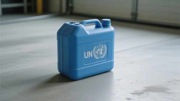 Jerrican en plastique bleu homologué ONU posé sur le sol d'un garage, avec marquage UN visible sur le côté, vue en plan rapproché