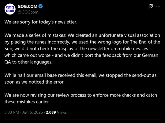 Tweet d'excuses de GOG.COM du 5 juin 2026 pour l'envoi de symboles nazis par newsletter.