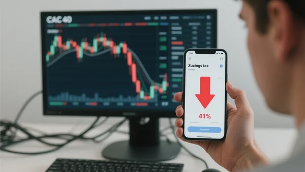 Gros plan sur un écran d'ordinateur affichant la courbe du CAC 40 en baisse, avec des câbles et un clavier en arrière-plan. À côté, une main jeune tient un smartphone ouvert sur une application d'épargne. L'image doit illustrer l'impact de la taxe Zucman sur les marchés boursiers et sur l'épargne des jeunes, avec une tonalité inquiète et préoccupante.
