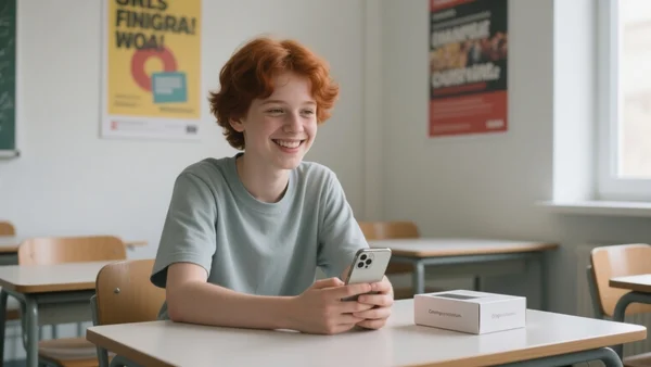 Étudiant souriant regardant son smartphone reconditionné dans une chambre étudiante, boîte du téléphone sur le bureau, affiche de promotion visible au mur