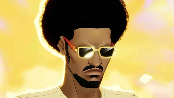 Illustration numérique de Bancho, personnage principal du préquel de Dave the Diver, arborant une grosse afro, une barbiche et des lunettes de soleil fluorescentes sur fond jaune vif.