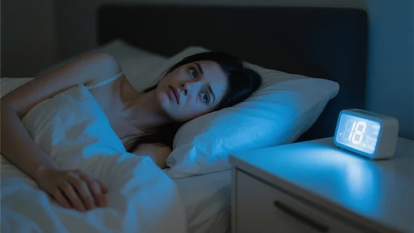Jeune personne allongée dans son lit les yeux grands ouverts, expression fatiguée, lumière bleutée d'un réveil numérique sur la table de nuit, chambre plongée dans l'obscurité