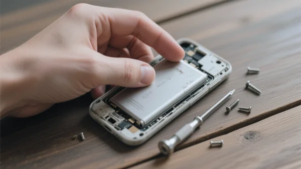 Gros plan sur la main d'une personne tenant une batterie de smartphone usée, la coque arrière du téléphone est ouverte, vis et tournevis à côté sur une table en bois