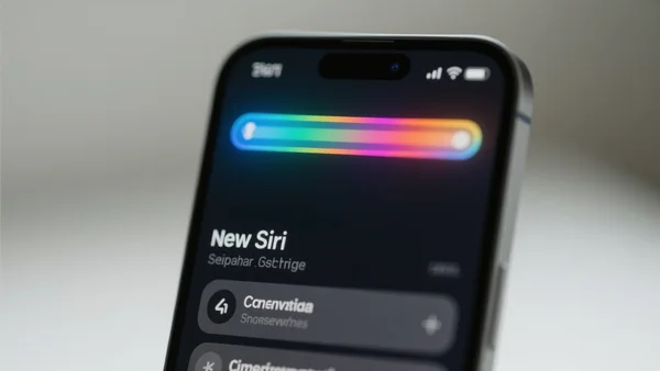 Écran d'iPhone affichant l'interface du nouveau Siri avec une barre lumineuse dynamique et des suggestions contextuelles en bas de l'écran