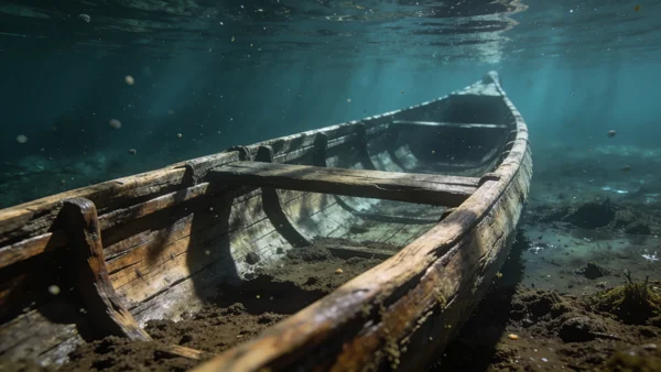 Pirogue monoxyle en chêne, longue et étroite, partiellement enfouie dans la vase au fond d'un lac, lumière tamisée filtrant à travers l'eau