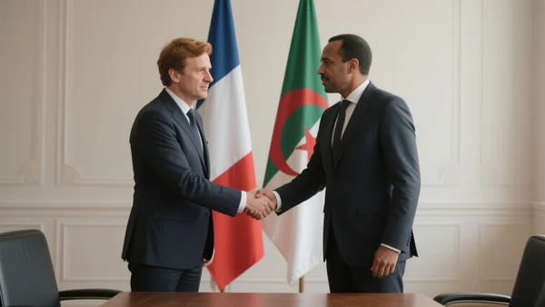 Deux diplomates en costume se serrant la main devant un drapeau français et algérien, salle de réunion officielle, lumière neutre
