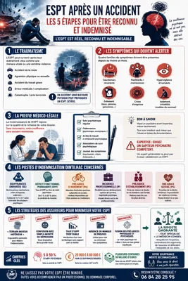 Infographie 'ESPT APRÈS UN ACCIDENT' présentant les cinq étapes de reconnaissance et d'indemnisation du stress post-traumatique.
