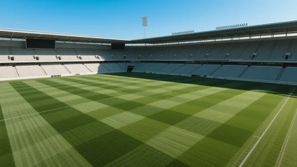 Vue aérienne d'un terrain de football parfaitement tondu avec des bandes vertes alternées, stade vide sous un ciel bleu, lumière naturelle éclatante