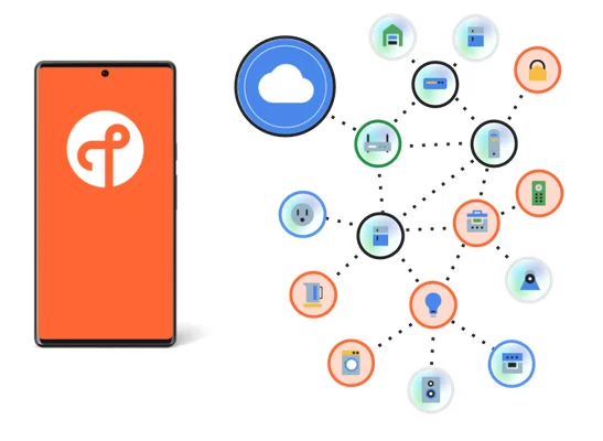 Illustration d'un réseau domotique Thread avec des appareils connectés et un smartphone affichant l'application Tuya Smart.