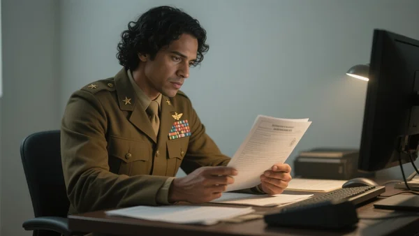 Portrait d'un officier militaire américain en uniforme examinant des documents classifiés dans un bureau éclairé par un écran d'ordinateur, ambiance sérieuse et mystérieuse
