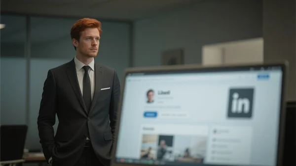 Premier plan flou d'un écran d'ordinateur affichant un profil LinkedIn, en arrière-plan un homme en costume regarde pensivement, éclairage tamisé de bureau