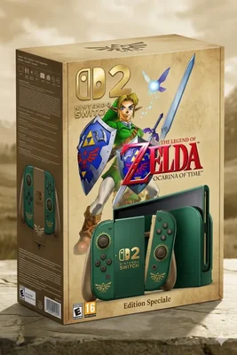 Console Switch édition limitée Zelda Ocarina of Time avec Link et manettes vertes.